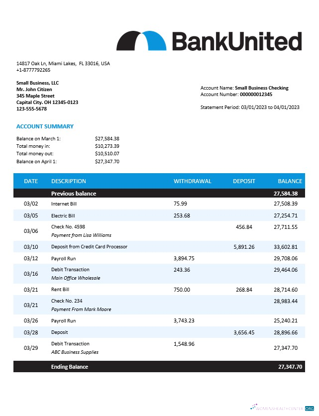 Download BankUnited enterprise account statement Word and PDF template Photoshop template